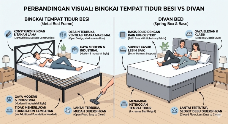 Perbandingan bed frame besi dan divan untuk kasur pasangan
