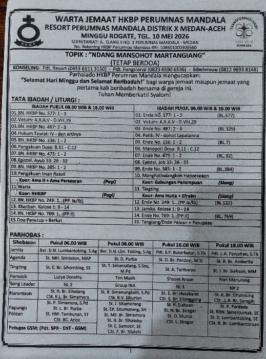 Ibadah HKBP Perumnas Mandala Resort Perumnas Mandala Distrik X Medan-Aceh, Minggu 10 Mei 2026 